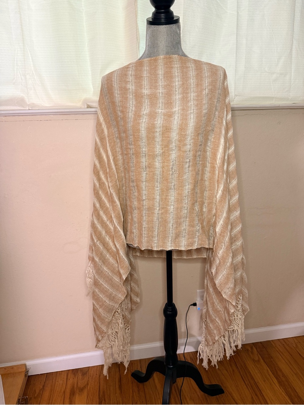 Beige & Cream Striped Fringe Shawl Poncho